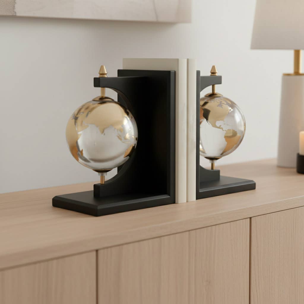 Bookends Set of 2 - Black Wood Glass Globe Design, 9 in.