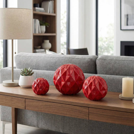 Decorative Sculpture Set of 3 - Red Ceramic Balls, 4/5/6 in.
