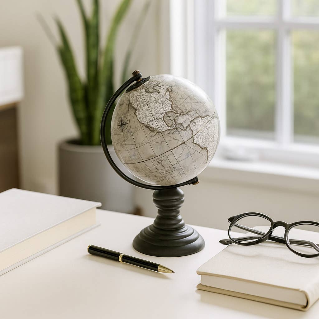 Decorative Globe - Black/Green Wood World Map Design, 7 in.