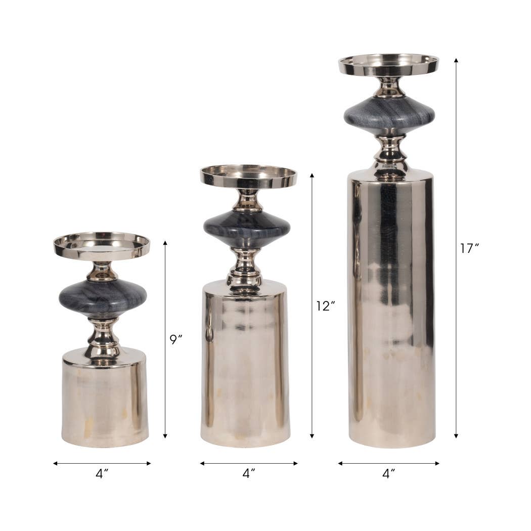 Candle Holder Set of 3 - Silver and Gray Marble, 9/12/16 in