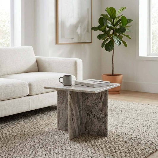 Side Table - Gray Marble Square with Cross Base, 18 in.