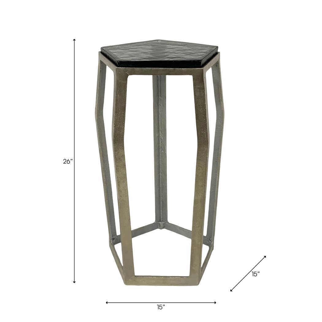 Side Table - Black Glass Top with Silver Metal Base, 26 in.
