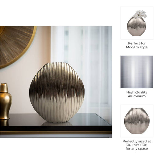 Decorative Vase - Silver Metal Medium Textured Ridged, 13 in