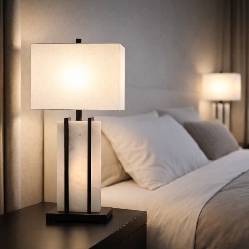 Table Lamp - White Alabaster Decorative Metal Base, 26 in.