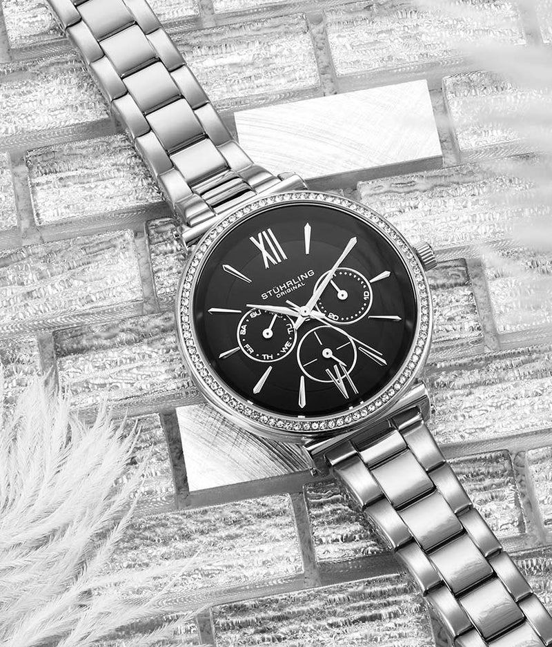 Stuhrling Original Aria 3908 Women's Quartz Watch, 40mm, Black Dial, Silver-Tone Stainless Steel Bracelet, Multifunction Display