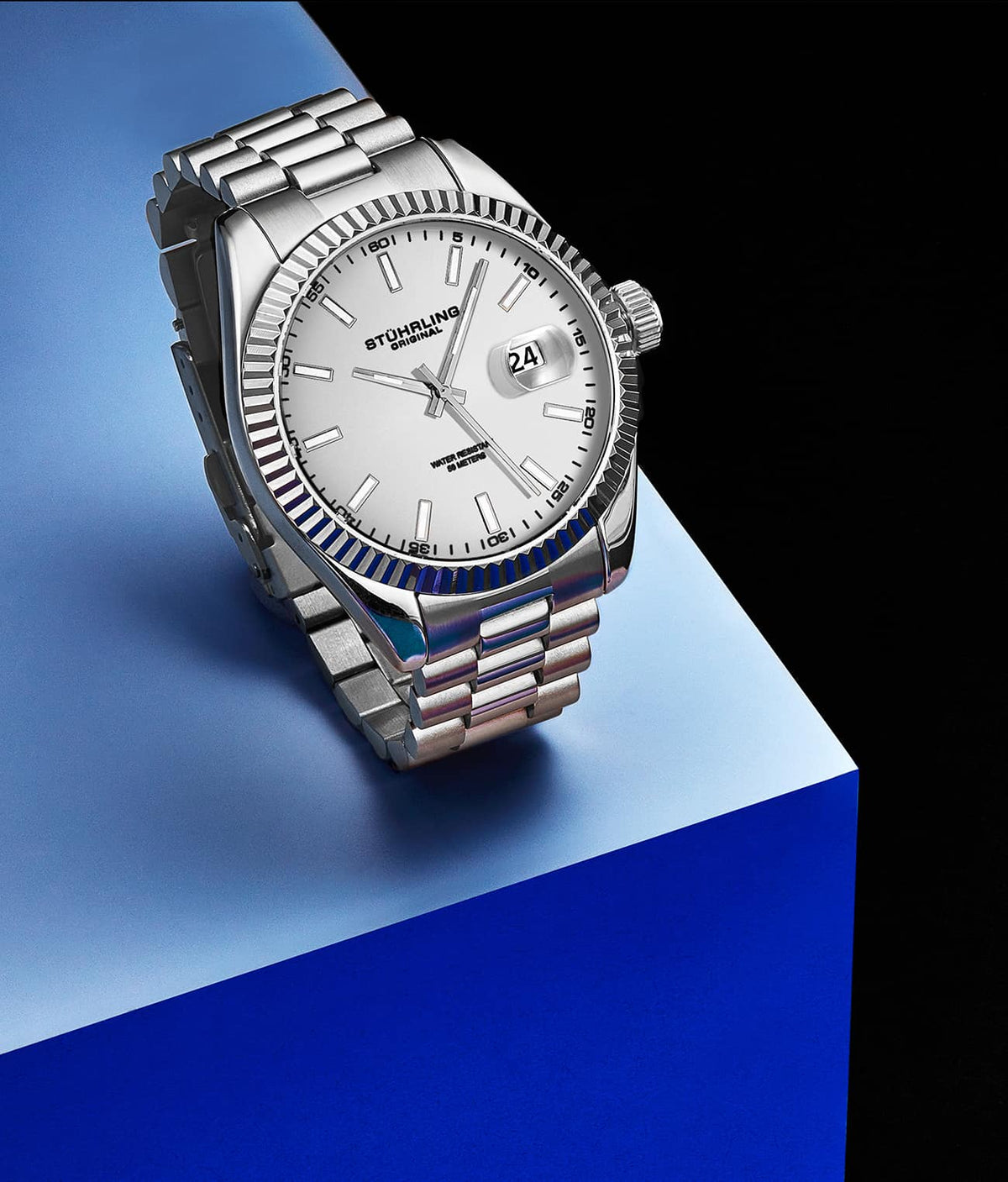 Stuhrling Original Lineage Men's Quartz Classic Watch, White Dial, Silver Bezel, Silver Bracelet