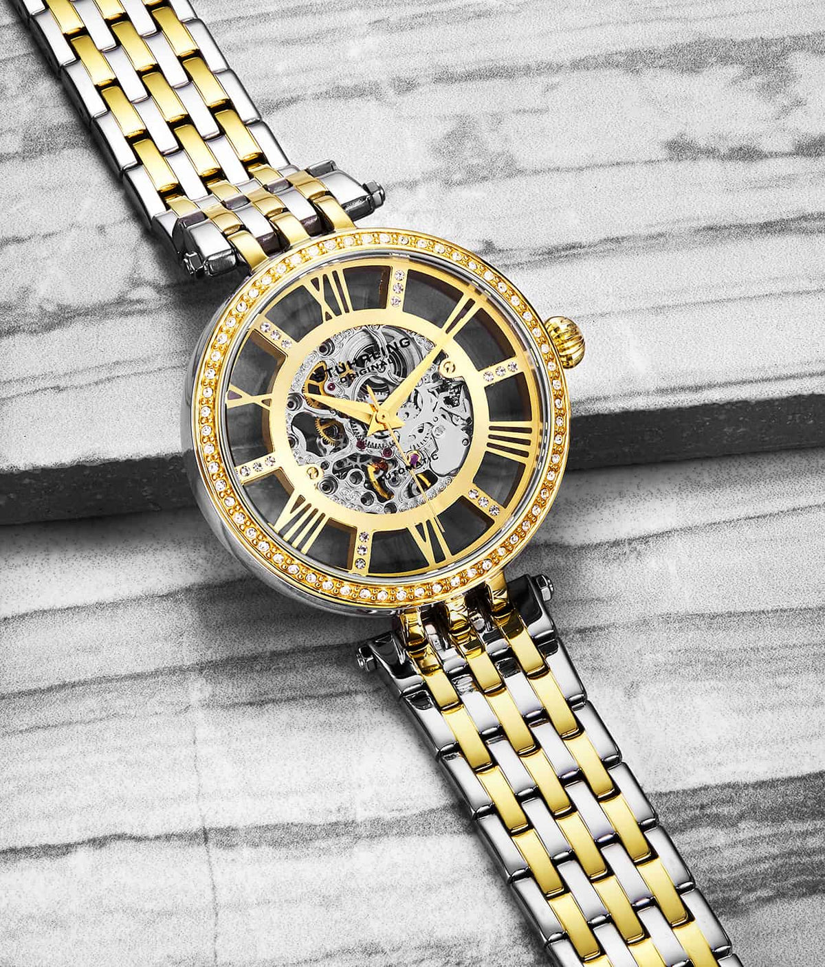 Stuhrling Original Delphi 3944 Women's Automatic Watch, 38mm, Two-Tone Gold & Silver Bracelet, Skeleton Dial