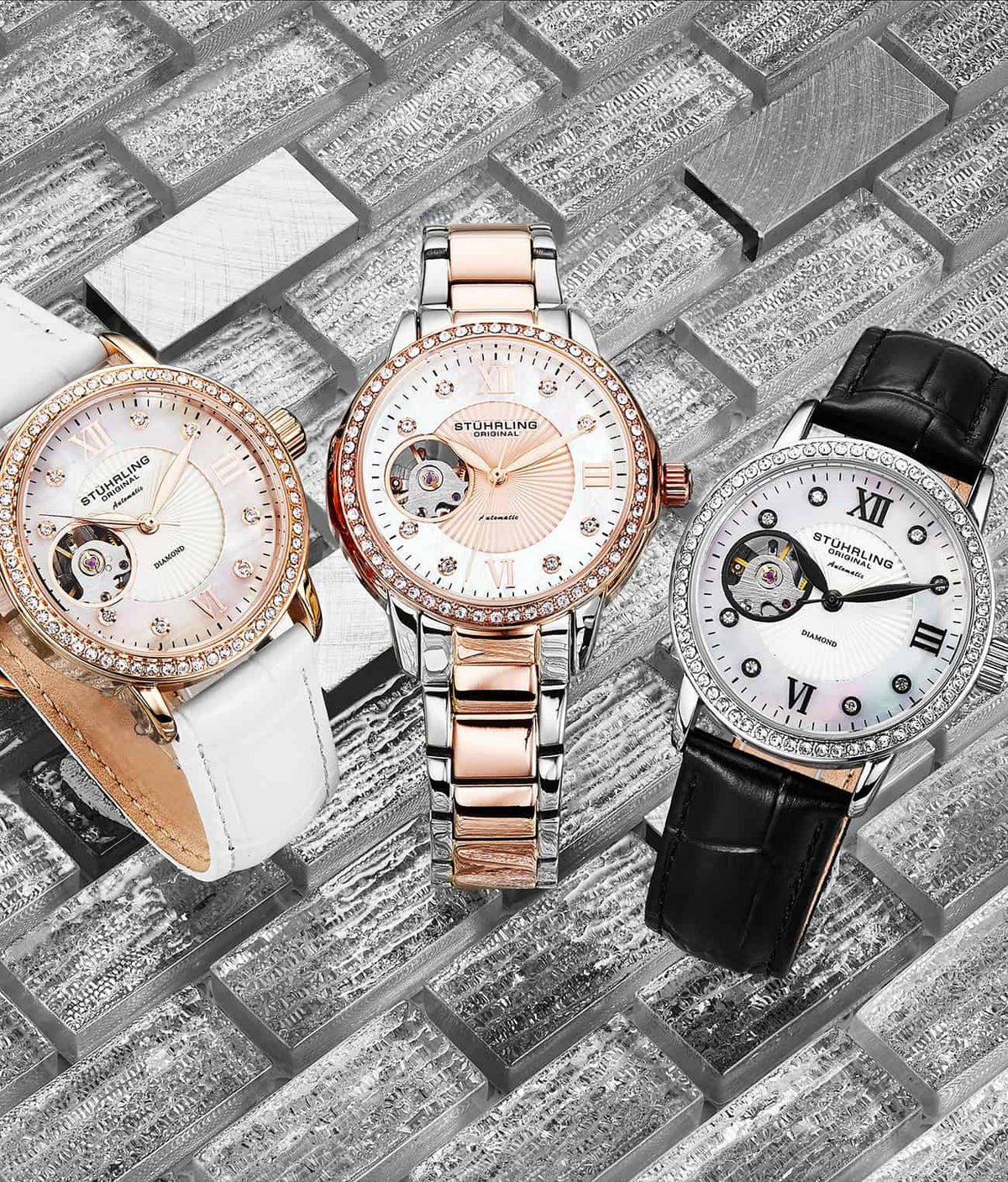 Stuhrling Original Legacy Women's Automatic Watch, 34mm, White Mother-of-Pearl Dial, Black Embossed Leather Strap, Skeleton Dial