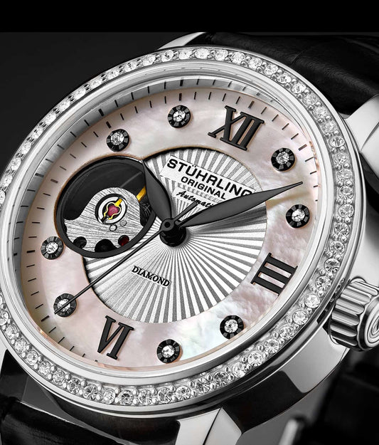 Stuhrling Original Legacy Women's Automatic Watch, 34mm, White Mother-of-Pearl Dial, Black Embossed Leather Strap, Skeleton Dial