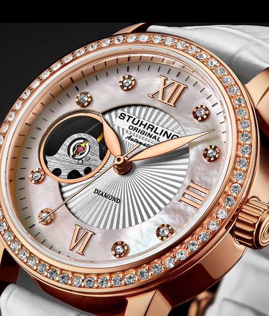 Stuhrling Original Legacy Women's Automatic Watch, 34mm, White Mother-of-Pearl Dial, White Embossed Leather Strap, Skeleton Dial