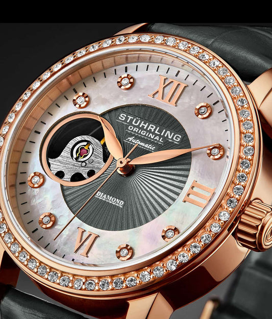 Stuhrling Original Legacy Women's Automatic Watch, 34mm, White Mother-of-Pearl Dial, Gray Embossed Leather Strap, Skeleton Dial