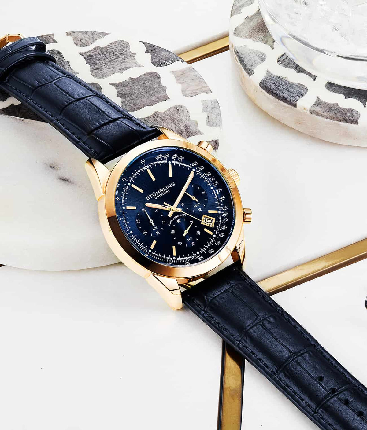 Stuhrling Original Rialto Men's Quartz Chronograph Watch, 44mm, Blue Dial, Blue Leather Strap