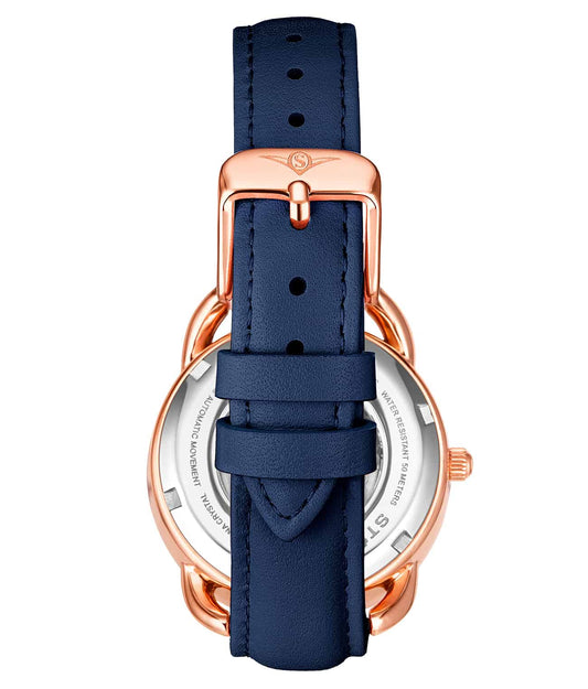 Stuhrling Original Model 3992 Women's Automatic Watch, 36mm, Blue Dial, Blue Leather Strap, Skeleton Dial