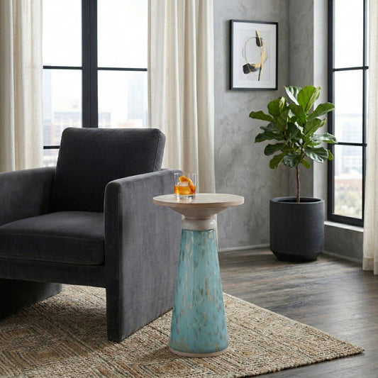Side Table - Brown Wood Top with Glass Sleek Base, 21 in.