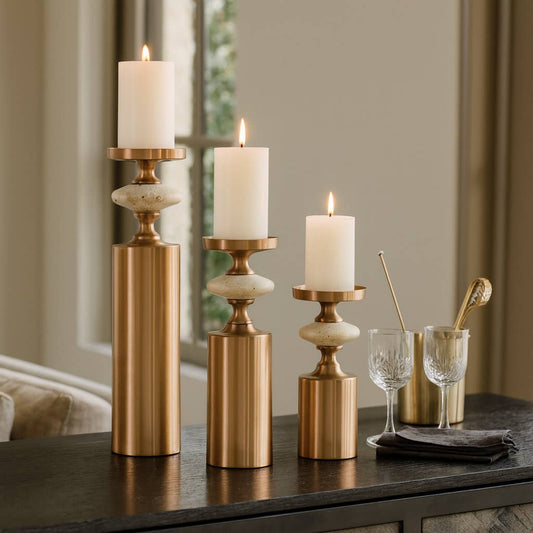 Candle Holder Set of 3 - Gold Metal Travertine, 9/12/16 in.
