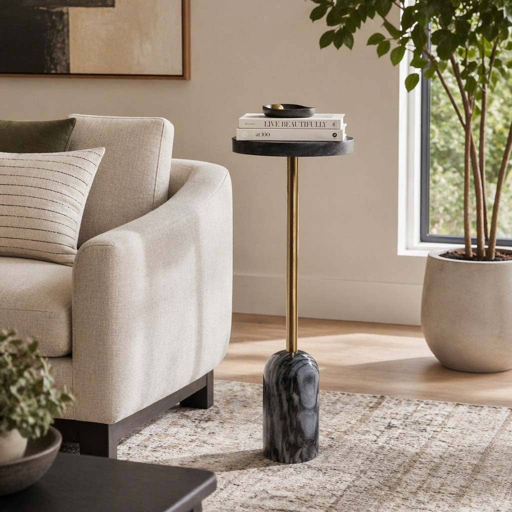 Side Table - Black Marble Top with Metal Tall Base, 27 in.