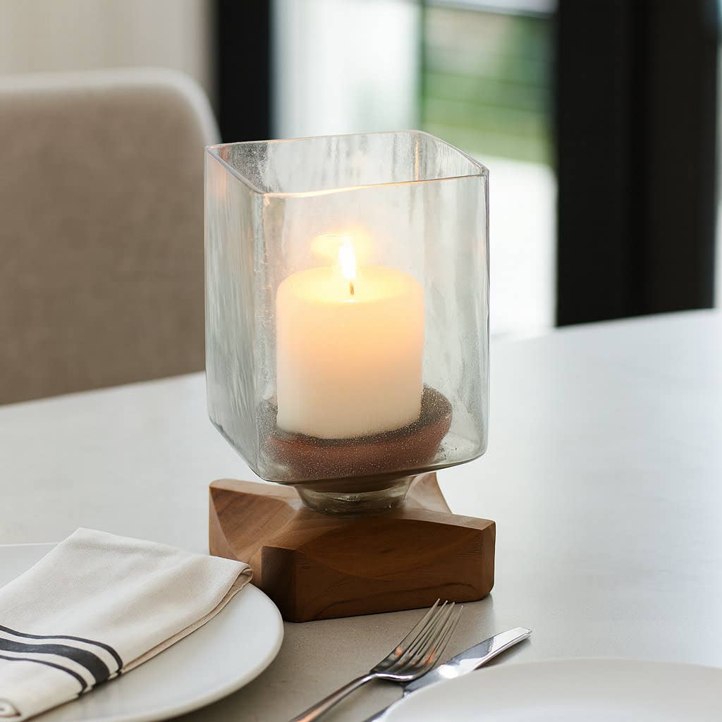 Candle Holder - Brown Wood Glass Pillar Hurricane, 9 in.