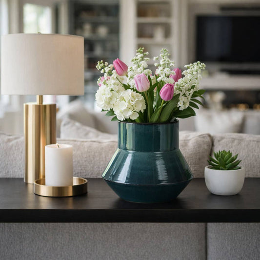 Decorative Vase - Green Ceramic Modern Flared Design, 9 in.