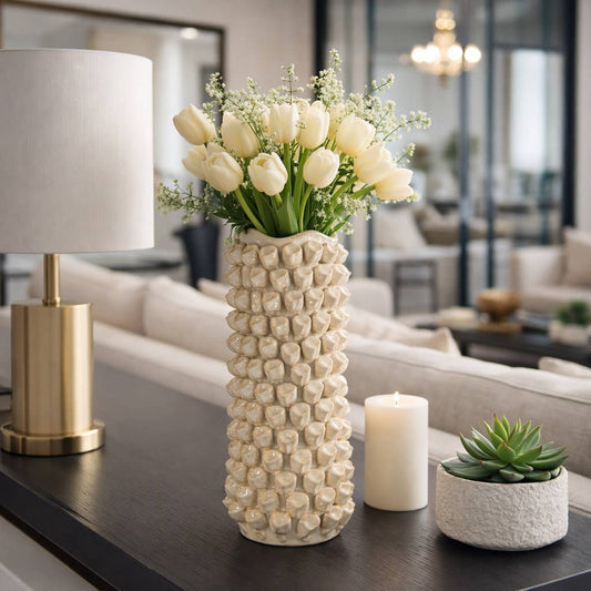 Decorative Vase - Beige Ceramic Textured Floral, 16 in.