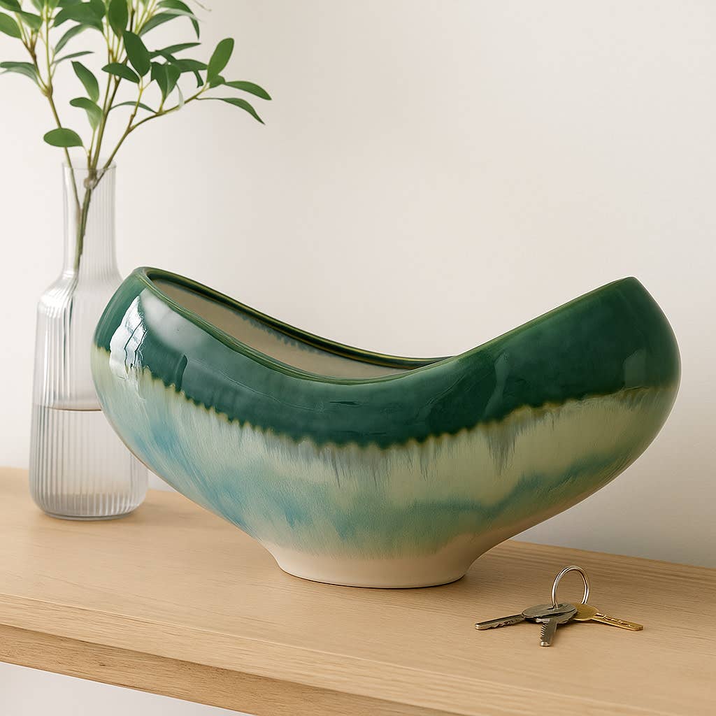 Decorative Bowl - Blue/Green Ceramic Curved Ombre, 15 in.