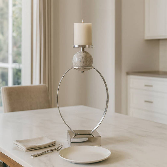 Candle Holder - Silver Metal with Marble Sphere, 21 in.