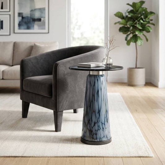 Side Table - Black Marble Top with Artistic Blue Glass Base