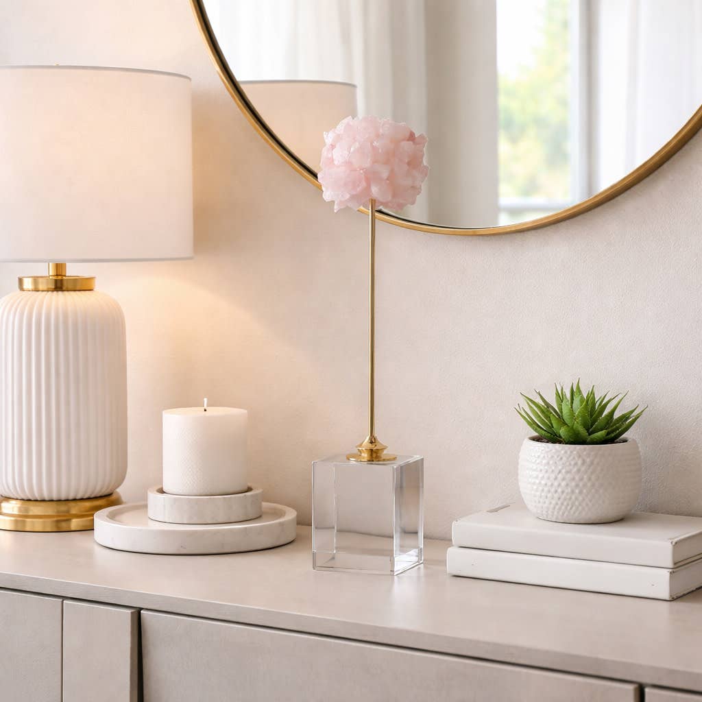 Sculpture - Pink Metal Marble Orb with Cubic Base, 18 in.