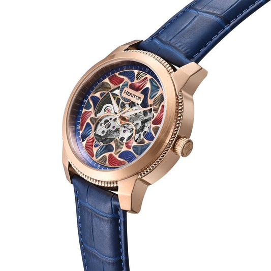 Heritor Emmanuel Men's Automatic Semi-Skeleton Leather Watch, Rose Gold/Blue