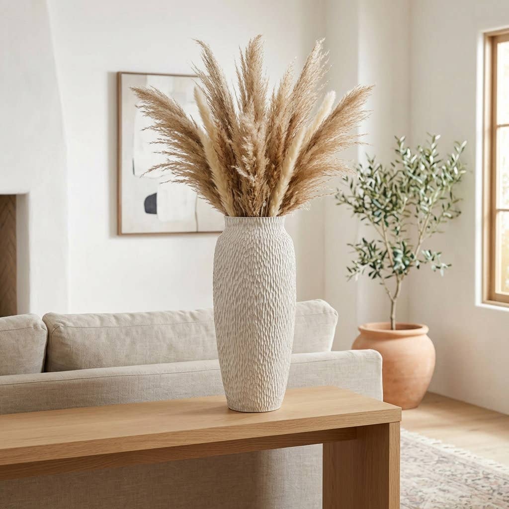 Decorative Vase - White Earthenware Textured Cylinder, 19 in.