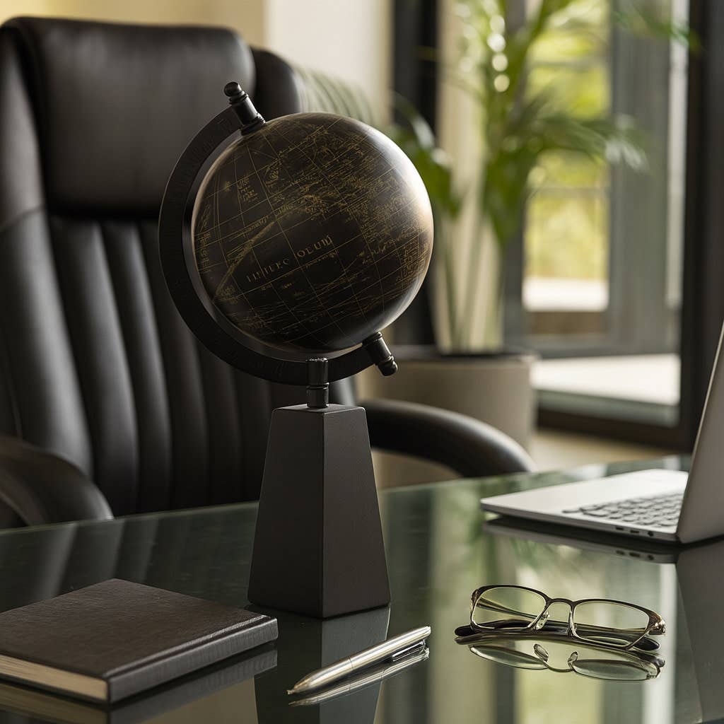 Decorative Globe - Black Plastic Orb with Wood Base, 11 in.
