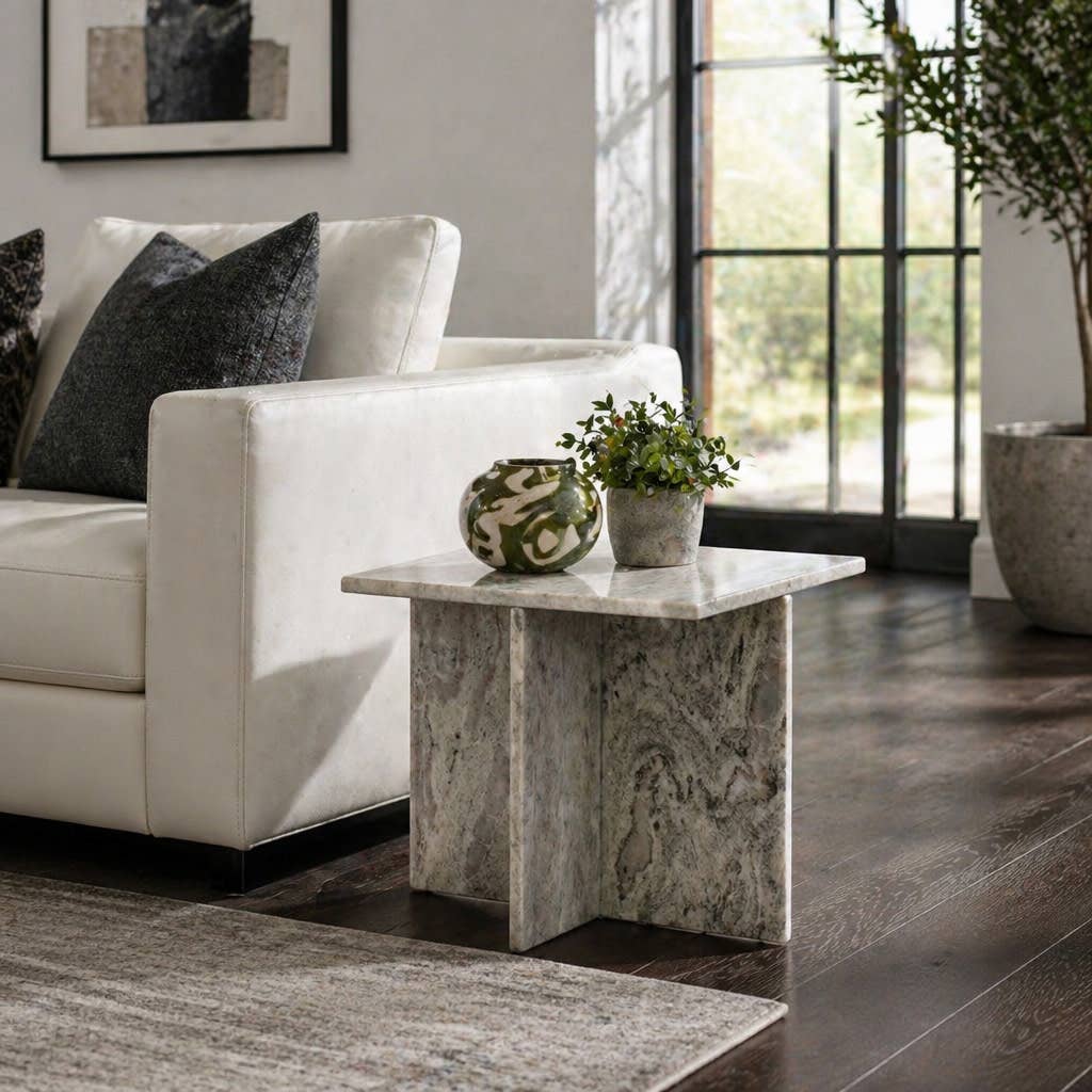 Side Table - Gray Marble Square with Cross Base, 18 in.