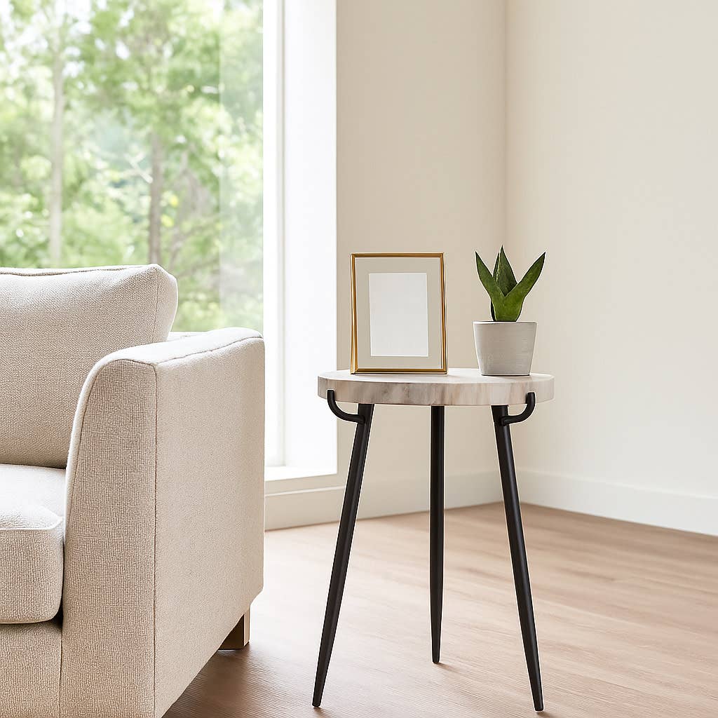 Side Table - White/Black Marble Top with Metal Legs, 21 in.