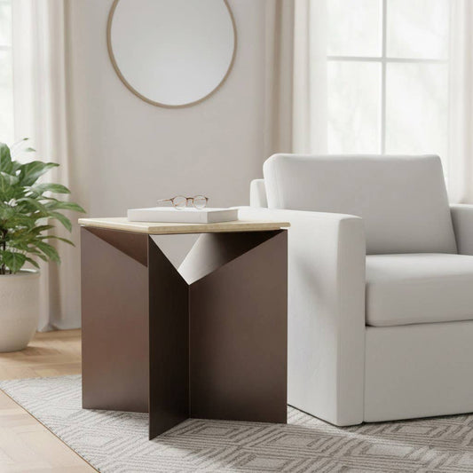 Side Table - Ivory/Black Metal Stone Sculptural Base, 25 in.