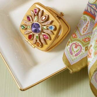 Jay Strongwater Schuyler Maltese Bejeweled Compact Mirror, Crystal Enamel Gold-Finished