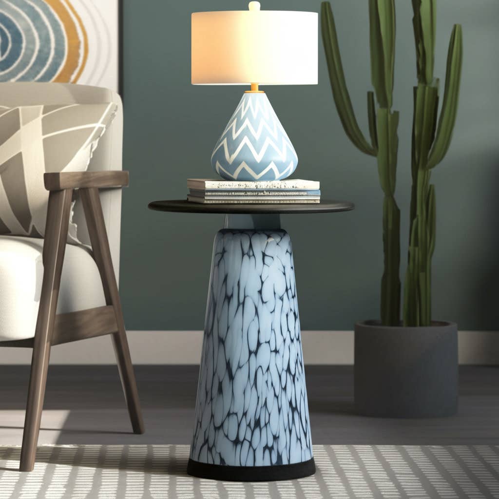 Side Table - Black Marble Top with Artistic Blue Glass Base