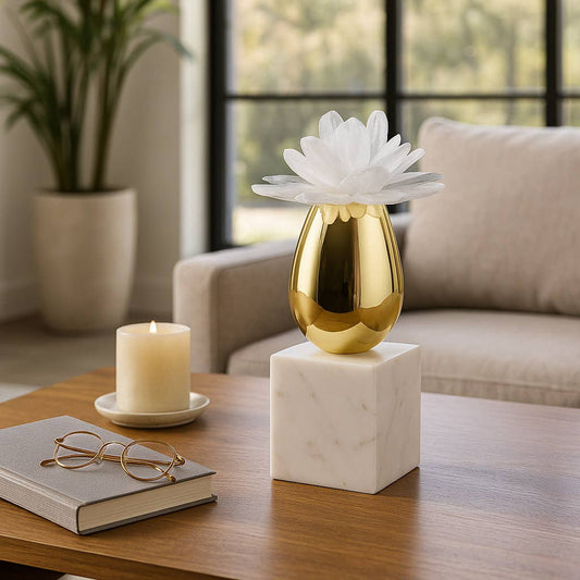 Sculpture - Gold/White Glass Flower On Marble Base, 10 in.