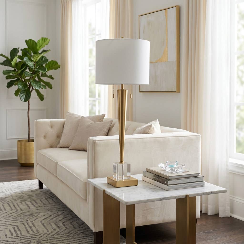Table Lamp - Gold/White Glass Base Metal Tapered Body, 36 in