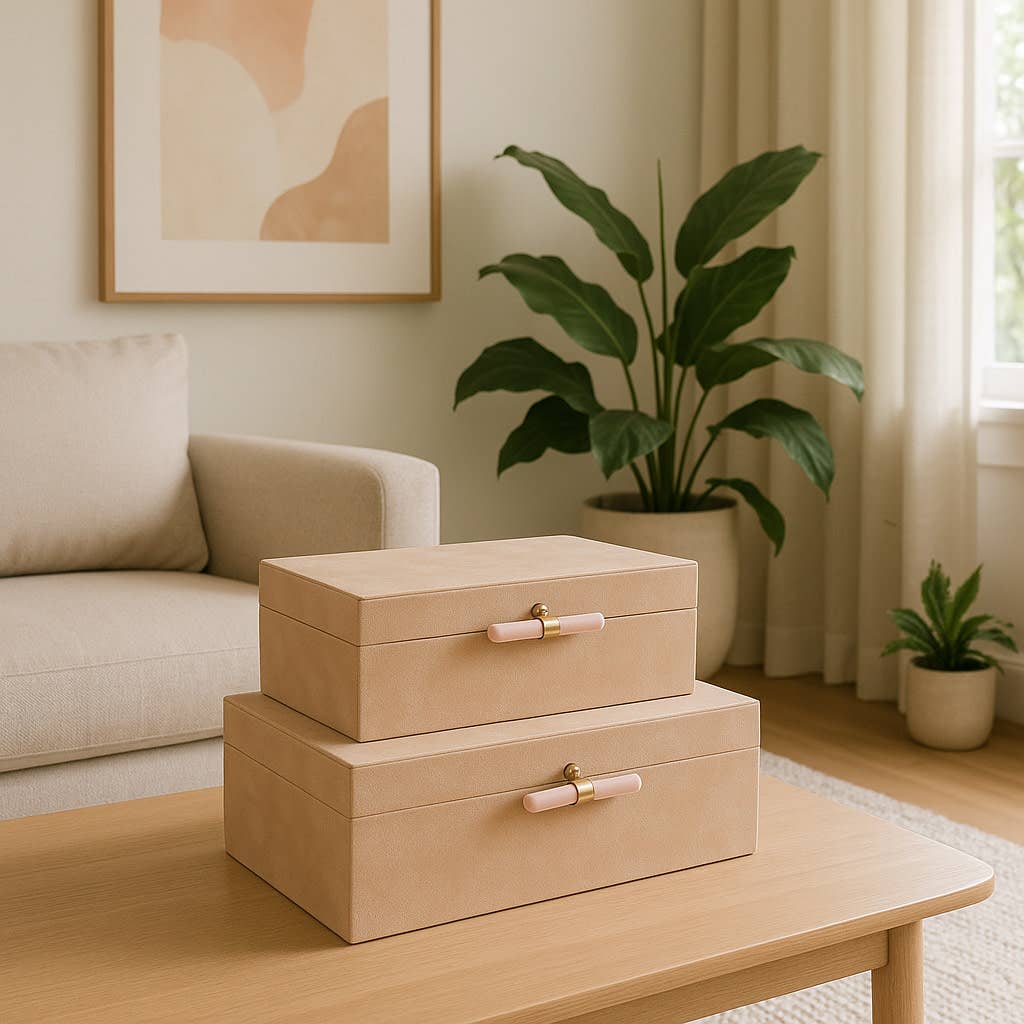 Boxes Set of 2 - Tan Wood Suede Hardware with Lid, 12/14 in.