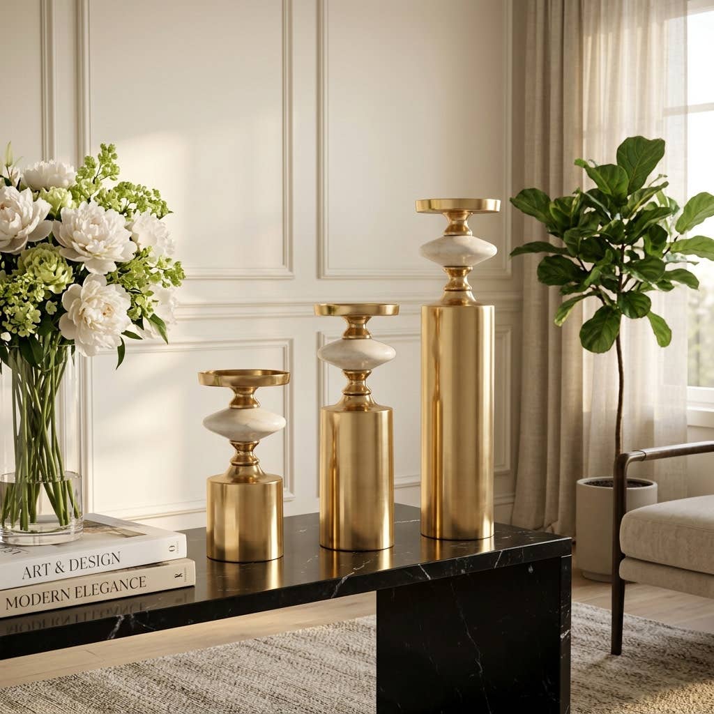 Candle Holder Set of 3 - Gold and White Marble, 9/12/16 in.
