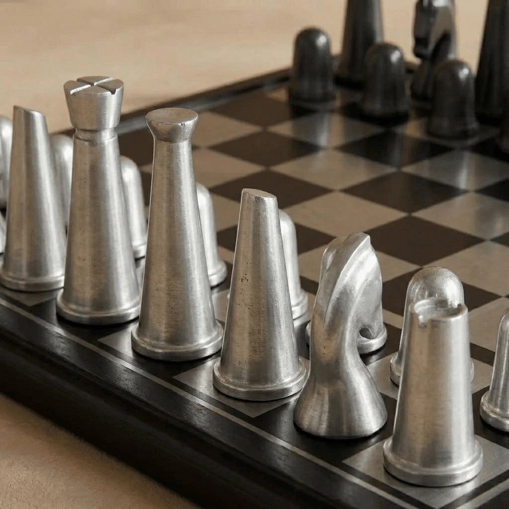 Art Deco Metallic Chess Set – Black & Silver Luxury Chess Board