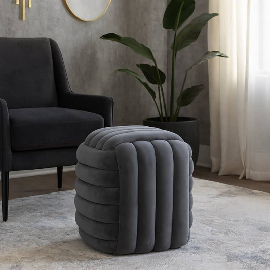 Ottoman Stool - Grey Velvet Cube Knot Layered Cushion, 19 in