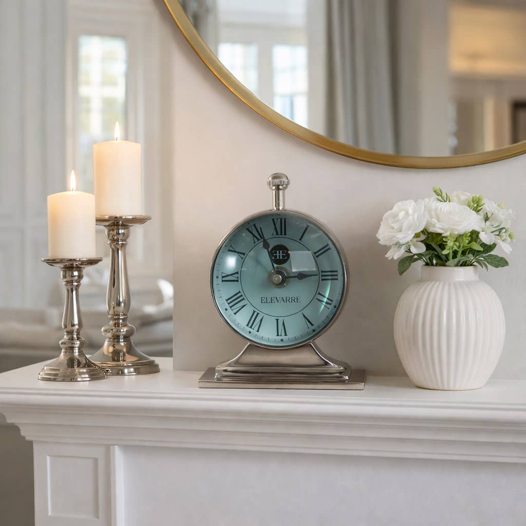 Desk Clock - Silver Metal Double-Sided Compass Back, 7 in.