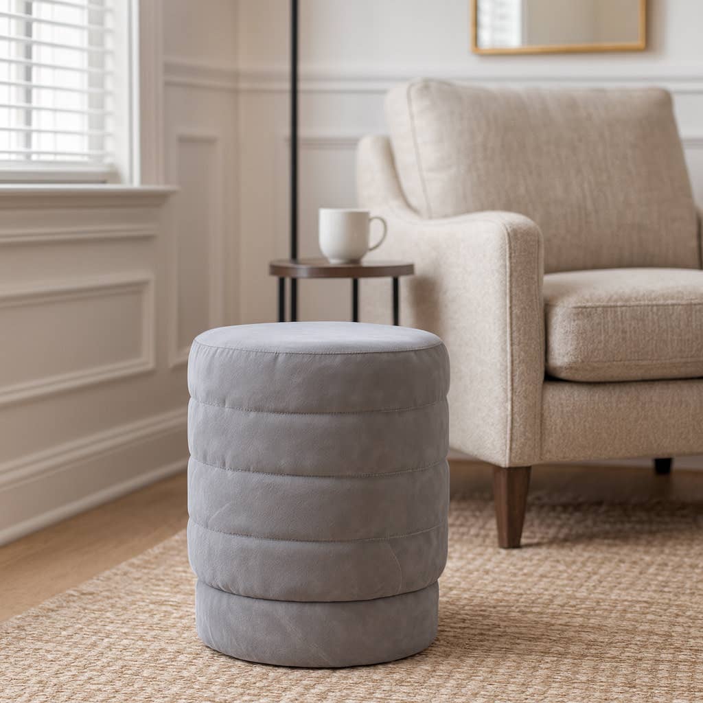 Ottoman Stool - Gray Wood Round Stylish Foot Rest, 19 in.