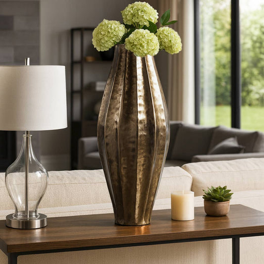 Decorative Vase - Gold Metal Ribbed Centerpiece, 27 in.