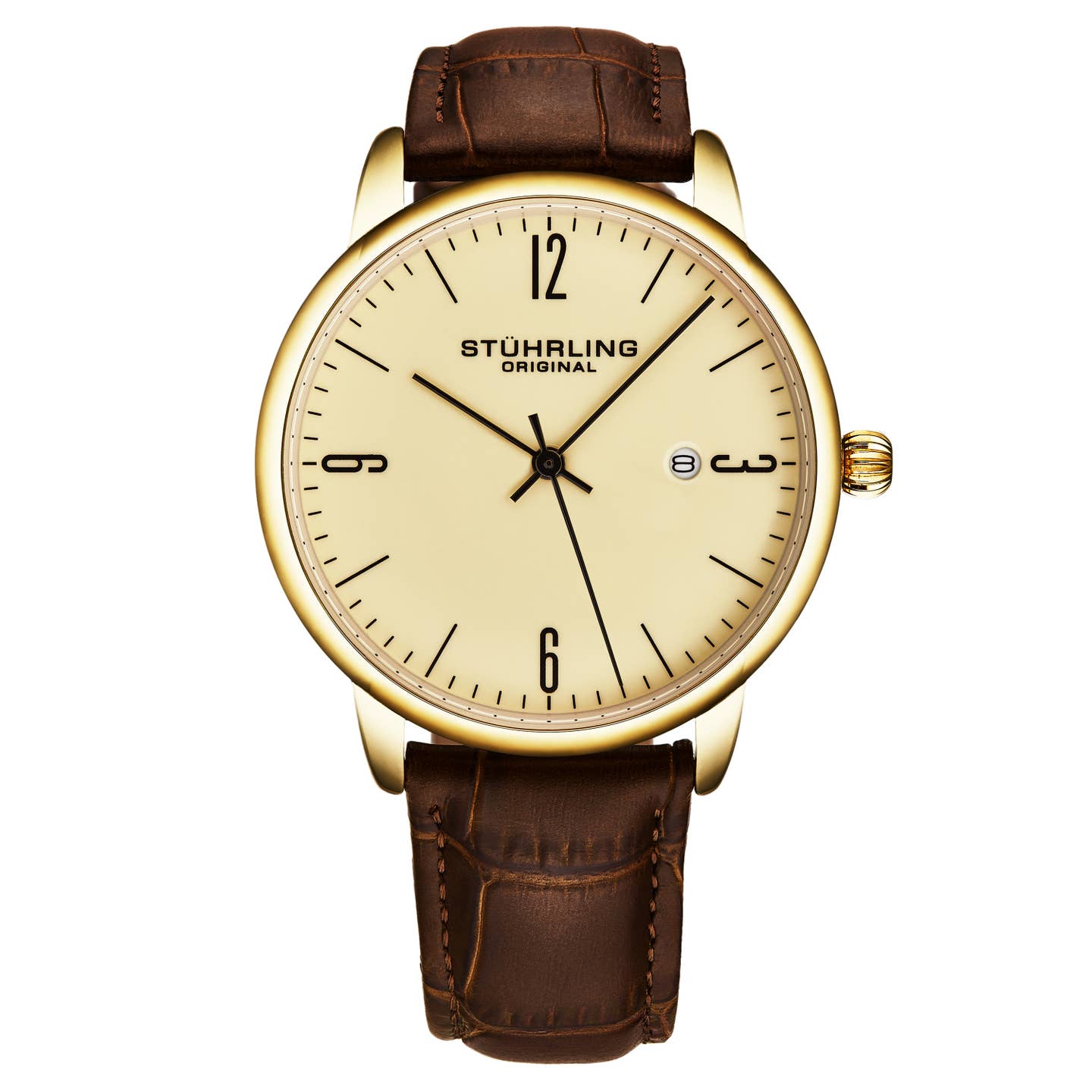 Stuhrling Original Rasa 3997A Men's Quartz Classic Watch, 40mm, Ivory Dial, Brown Leather Strap