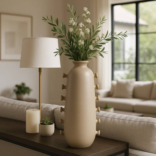 Decorative Vase - Tan Ceramic with Side Detailing, 22 in.