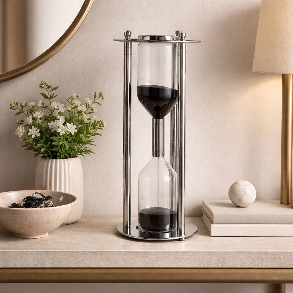 Hourglass Sandtimer - Silver Glass Metal Support Rods, 18 in