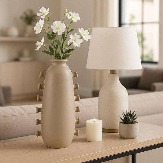 Decorative Vase - Tan Ceramic with Side Detailing, 15 in.