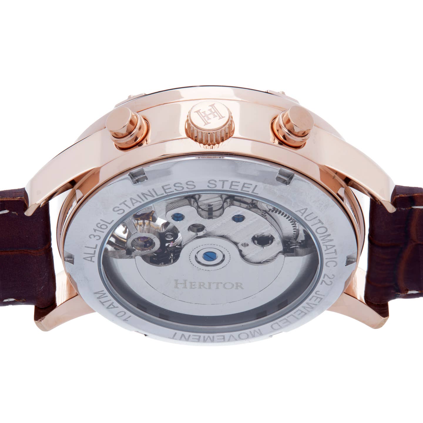 Heritor Wilhelm Men's Automatic Semi-Skeleton Leather Watch, Brown/Rose Gold