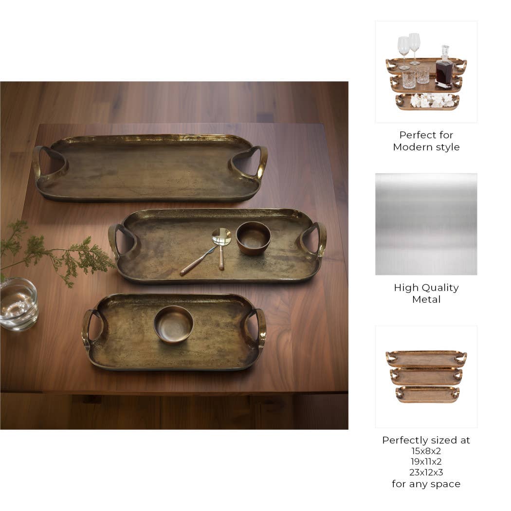 Decorative Tray Set of 3 - Bronze Aluminum Tray, 15/19/23 in